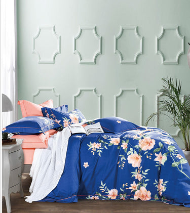 Elizabeth Blue/Orange Floral PURE Cotton Reversible Duvet Cover Set